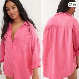 Aerie Gauzy Hot Pink Pool to Party Button Up Coverup Shirt, XL